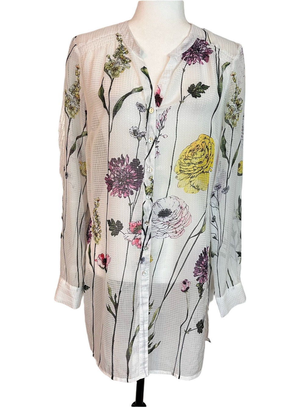 Point Zero Sheer Floral Button Up Tunic Blouse M White Pink Yellow Fairycore